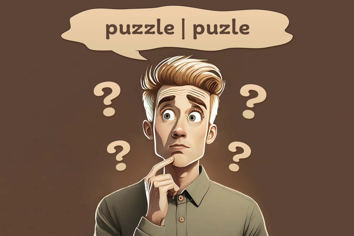 chłopak myśli, która forma zapisu jest prawidłowa: puzzle czy puzle